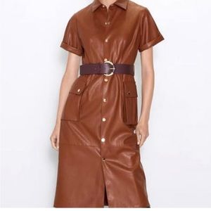 Zara Faux Leather Midi Dress M Medium Camel Tan